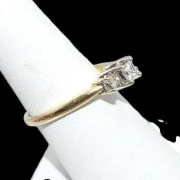 Princess Cut Diamond Trilogy Two Tone 14K Gold Ring Yellow & White Gold - Picture 2 of 9
